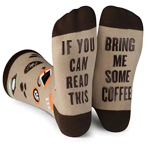 Funny coffee-themed socks with 'Bring Me Coffee' text on soles