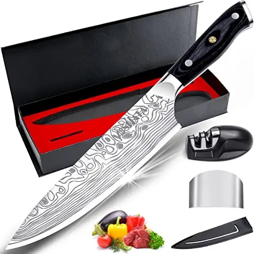 MOSFiATA 8-inch chef knife with micarta handle and laser-engraved pattern