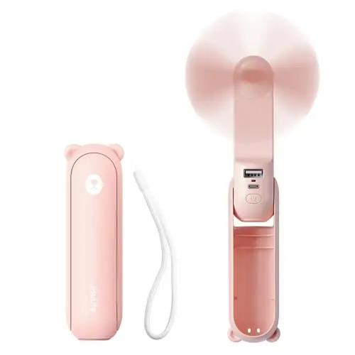 JISULIFE pink portable mini fan with built-in power bank and flashlight