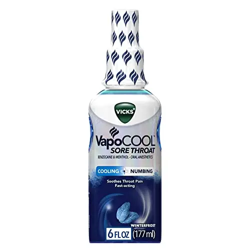 Vicks VapoCOOL sore throat spray bottle with winterfrost flavor