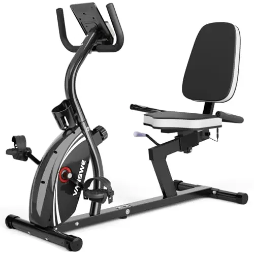 VANSWE silver recumbent exercise bike with adjustable seat and digital monitor