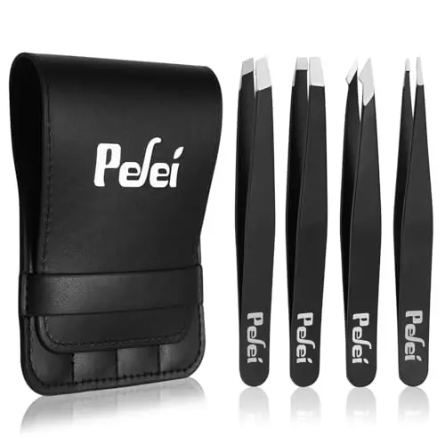 Pefei 4-piece stainless steel tweezers set in black leather holster