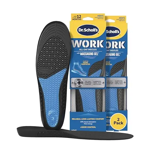 Dr. Scholl's Work Insoles product image showing gel technology and trim-to-fit design