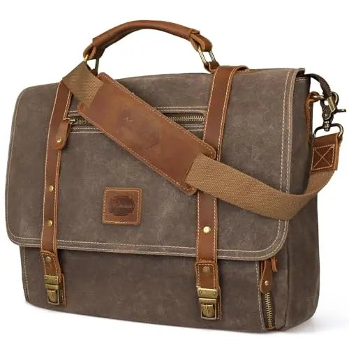 MANIFICENT brown leather messenger bag with buckle closure and multiple pockets