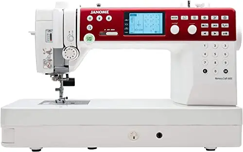 Janome MC6650 sewing and quilting machine in red and white