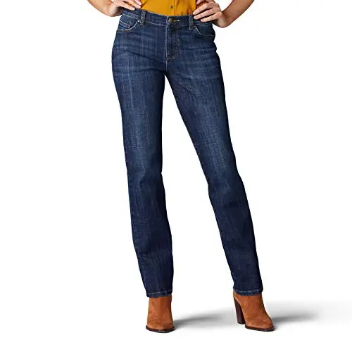 Women's petite relaxed fit straight leg jeans with simple embroidery detailing