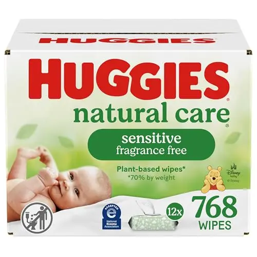 Huggies Natural Care Sensitive baby wipes showing plant-based materials