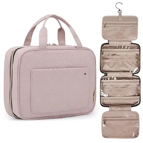 BAGSMART hanging toiletry bag in baby pink with multiple compartments and transparent sides