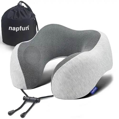 napfun travel neck pillow in light grey color showing memory foam construction