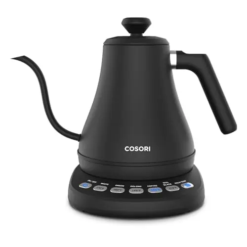COSORI electric gooseneck kettle in matte black with precise spout for controlled pouring