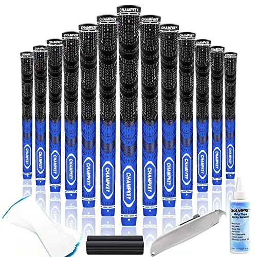 CHAMPKEY Premium Hybrid golf grips showing brushed cotton thread technology in blue