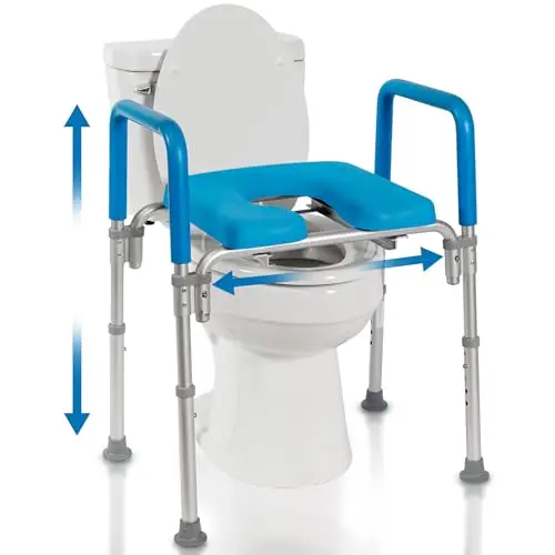 Platinum Health padded raised toilet seat with adjustable height and blue padded armrests