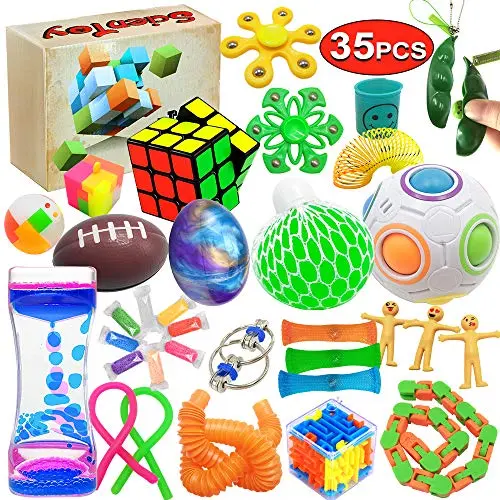 Scientoy fidget toy set showing various sensory items including liquid timer and squeeze balls