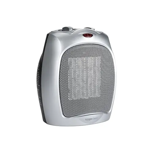 Amazon Basics ceramic space heater in silver color with compact design