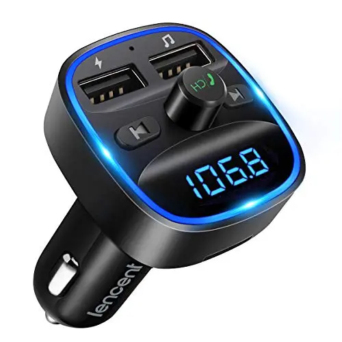 LENCENT Bluetooth FM transmitter with dual USB ports and blue ambient light