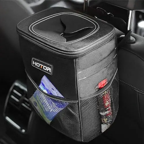 HOTOR car trash can with magnetic snaps and adjustable strap