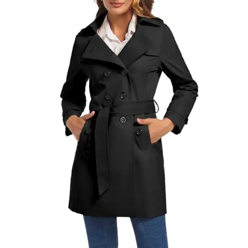 FARVALUE women's double breasted trench coat in black