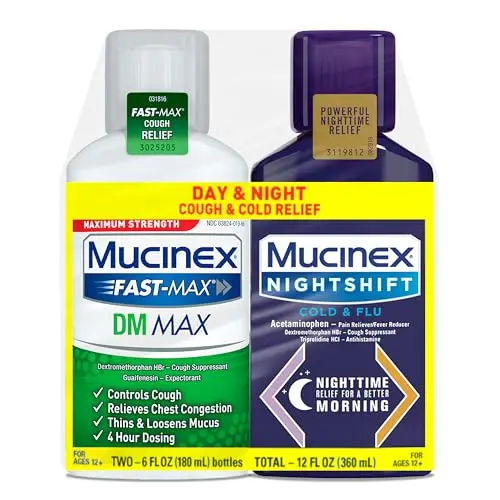 Mucinex FastMax DM Max and Nightshift cold and flu liquid medicines