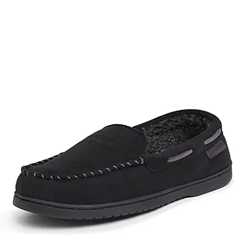 Dearfoams Keaton men's memory foam moccasin slippers in black microsuede