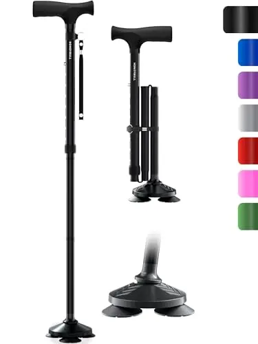 HONEYBULL black foldable walking cane with pivoting tip standing upright