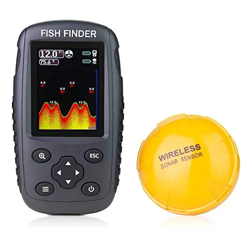 Venterior castable fish finder floating on water with color display