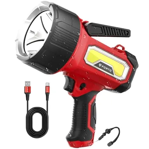 FORTO rechargeable spotlight with red housing and multiple light modes