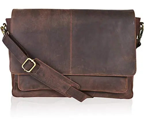 Leather handmade messenger bag with adjustable strap and multiple compartments