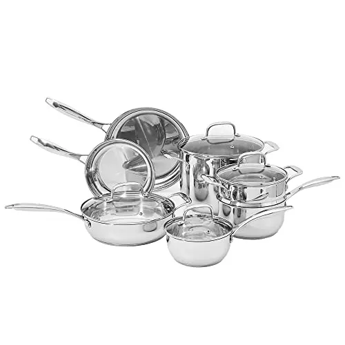 Amazon Basics stainless steel cookware 11-piece set in silver