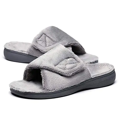 SOLLBEAM women's fuzzy orthopedic slippers with adjustable strap and open toe