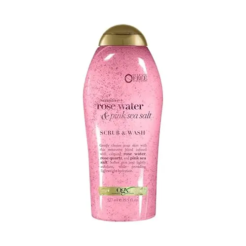 OGX body scrub bottle with rose water and sea salt design