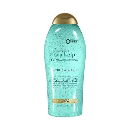 OGX hydrating body scrub bottle with sea kelp and hyaluronic acid
