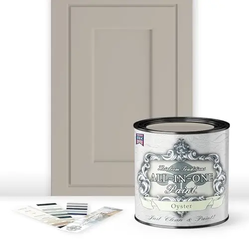 Heirloom Traditions paint in oyster color with color card on cabinet