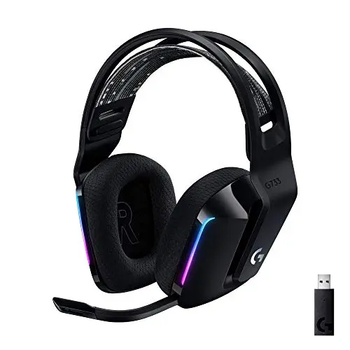 Logitech G733 Lightspeed wireless gaming headset in black with RGB lighting