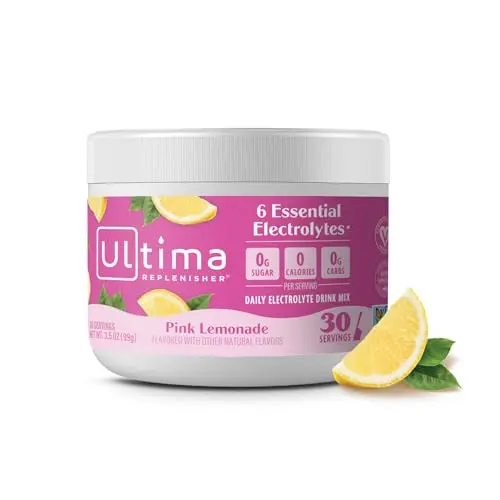 Ultima Replenisher electrolyte powder drink mix in pink lemonade flavor