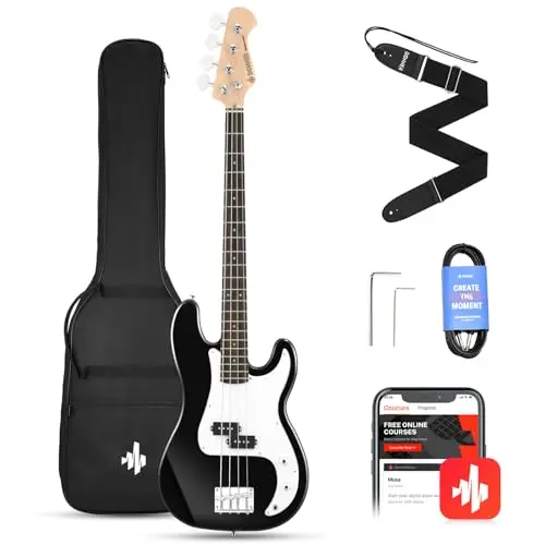 Donner PB-Style Electric Bass Guitar in black finish with poplar body