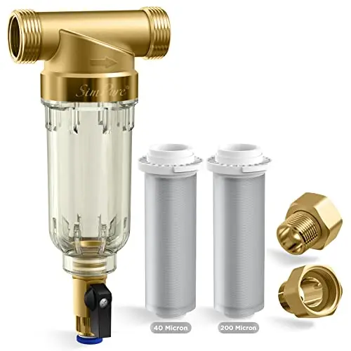 SimPure spin down sediment water filter with brass valve head and transparent housing