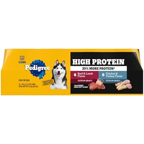 Pedigree High Protein wet dog food cans showing beef lamb and chicken turkey varieties