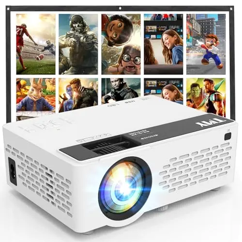 TMY V08 mini projector with included screen for outdoor movies