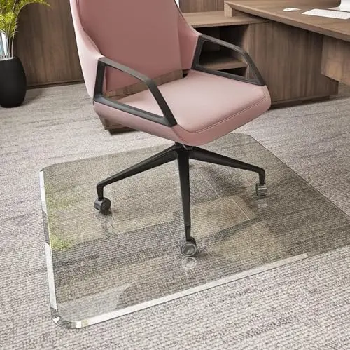 Clearly Innovative tempered glass chair mat with beveled edges on carpet