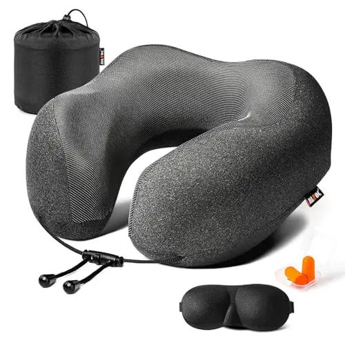 MLVOC travel neck pillow with included eye mask and ear plugs