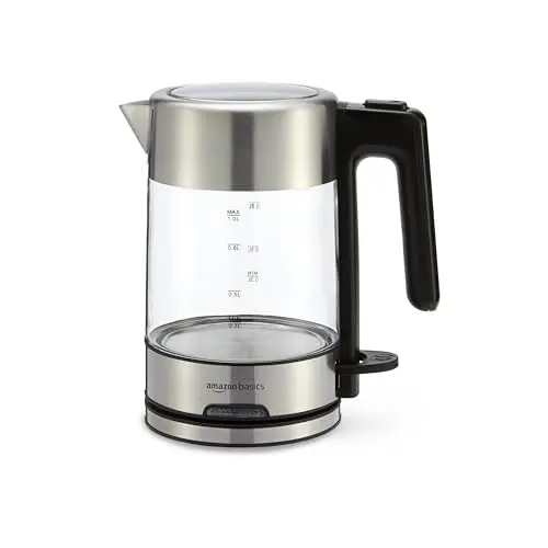 Amazon Basics glass electric kettle with stainless steel accents and blue illumination