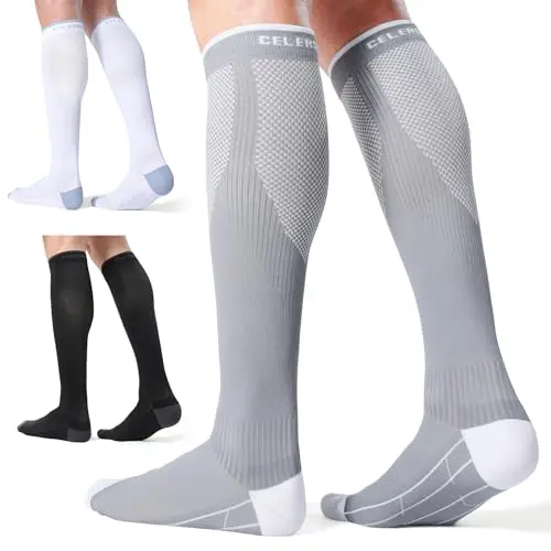 CelerSport 3 pairs compression socks in black, white, and grey