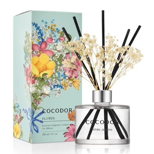 COCODOR Flower Reed Diffuser set with White Jasmine scent and decorative flowers