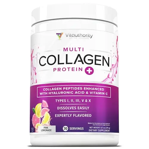 Vitauthority Multi Collagen powder in pink lemonade flavor