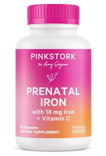 Pink Stork Prenatal Iron Supplement bottle with capsules
