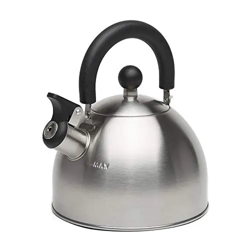 Primula brushed stainless steel whistling tea kettle with folding handle