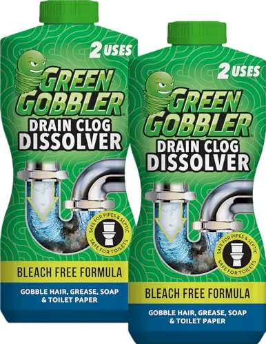 Green Gobbler Liquid Hair Drain Clog Remover two-pack bottles