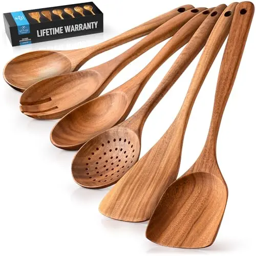 Zulay Kitchen 6-piece teak wood utensil set with comfortable grip handles