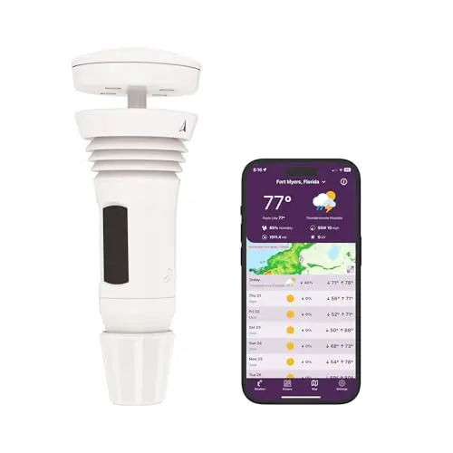 Tempest weather system with compact outdoor sensor and mobile app display