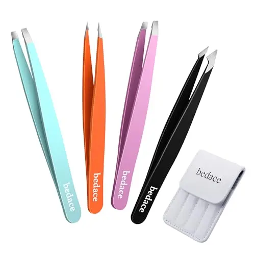 BEDACE professional tweezers set with four different tip types in leather travel case